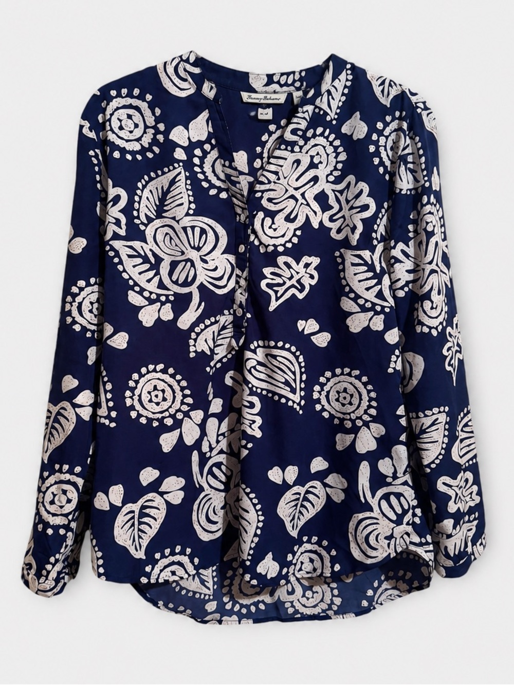 Amanda Blu XXL Navy Ivory Batik Floral Print Tunic Blouse Boho